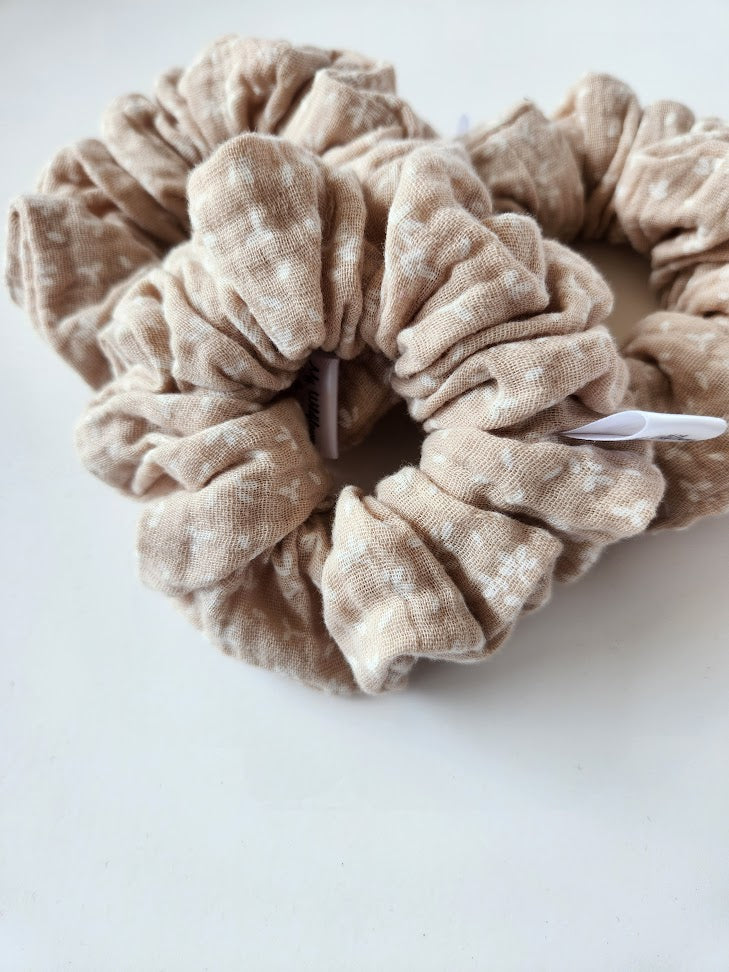 White Leaves on Beige Double Gauze Scrunchie