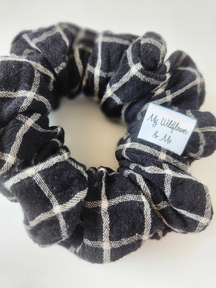 Black Checkered Double Gauze Scrunchie