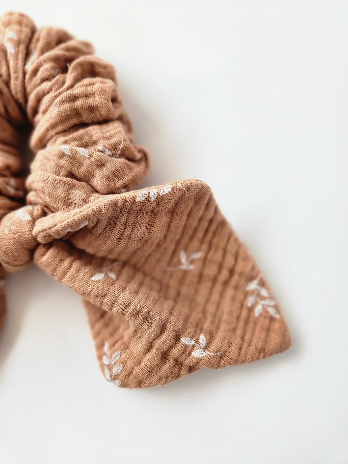 Cinnamon White Leaves Bow Scrunchie