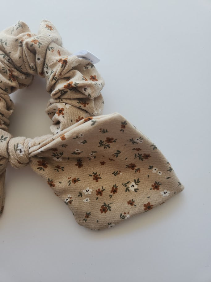 Beige Floral Bow Scrunchie