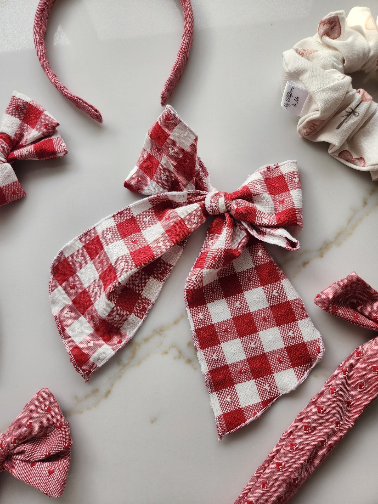 Cherry Gingham Hearts Large Fable Bow