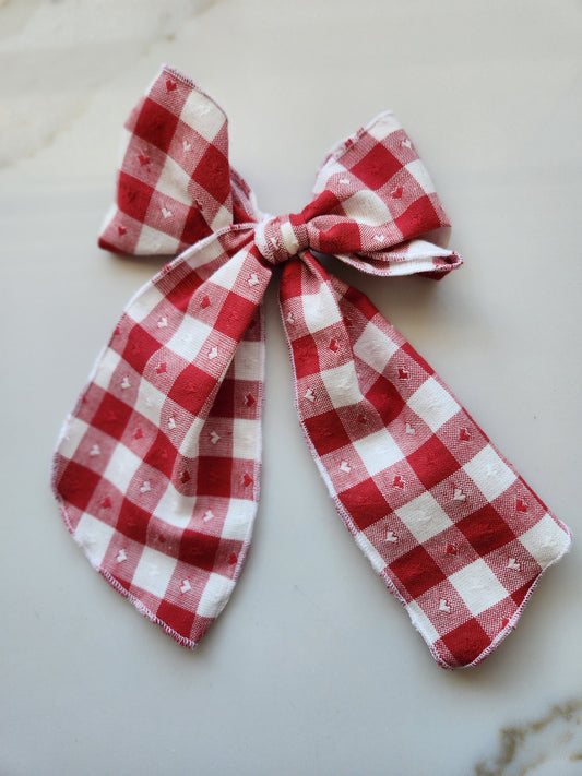 Cherry Gingham Hearts Large Fable Bow