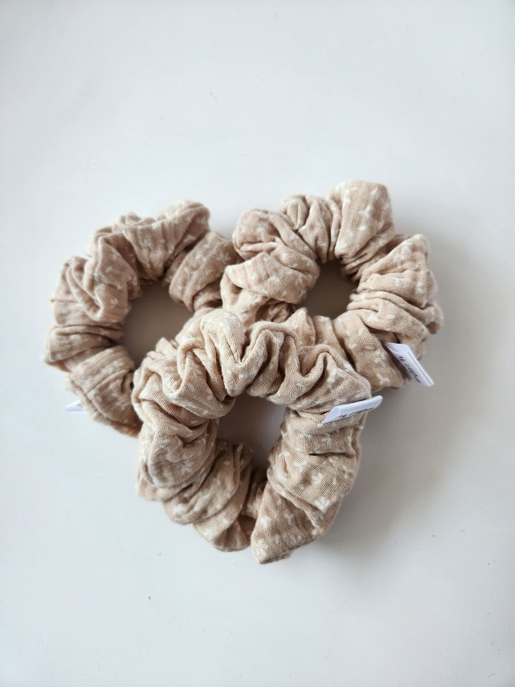 White Leaves on Beige Double Gauze Scrunchie