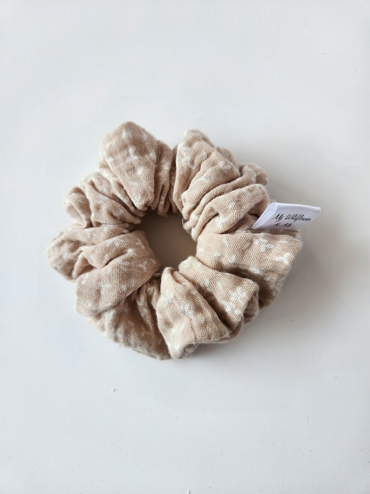 White Leaves on Beige Double Gauze Scrunchie