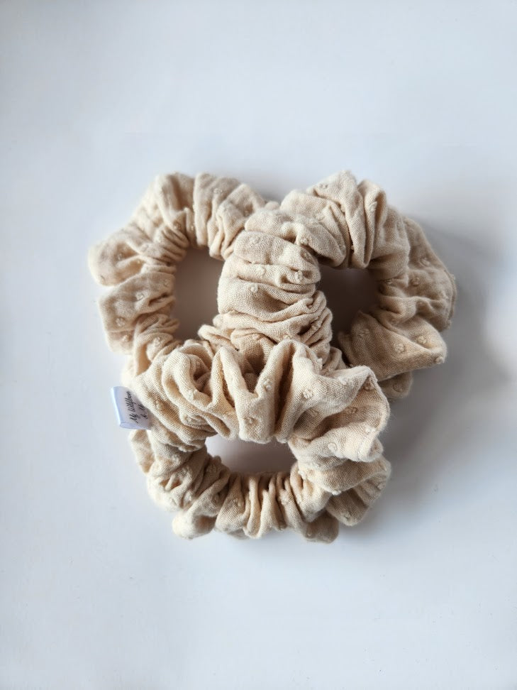 Beige Swiss Dot Double Gauze Scrunchie