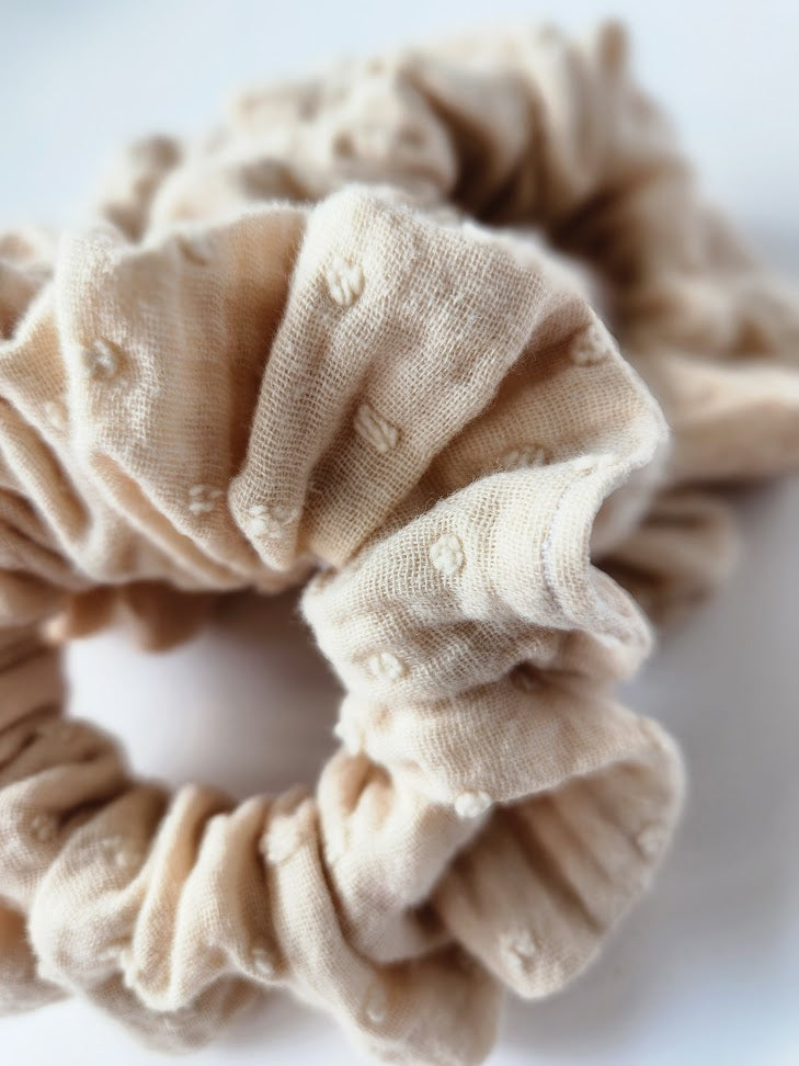 Beige Swiss Dot Double Gauze Scrunchie