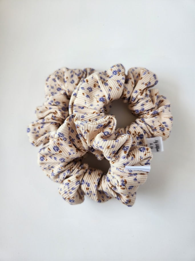 Rib Knit Tiny Blue Floral Scrunchie