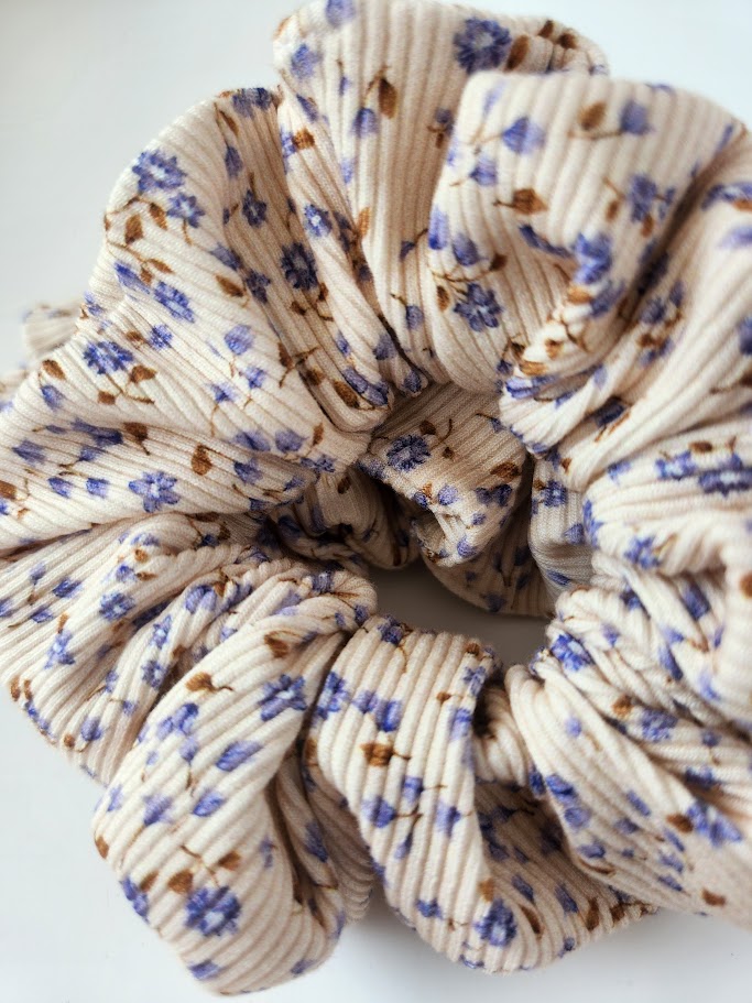 Rib Knit Tiny Blue Floral Scrunchie
