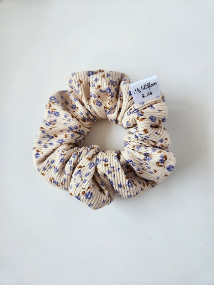 Rib Knit Tiny Blue Floral Scrunchie