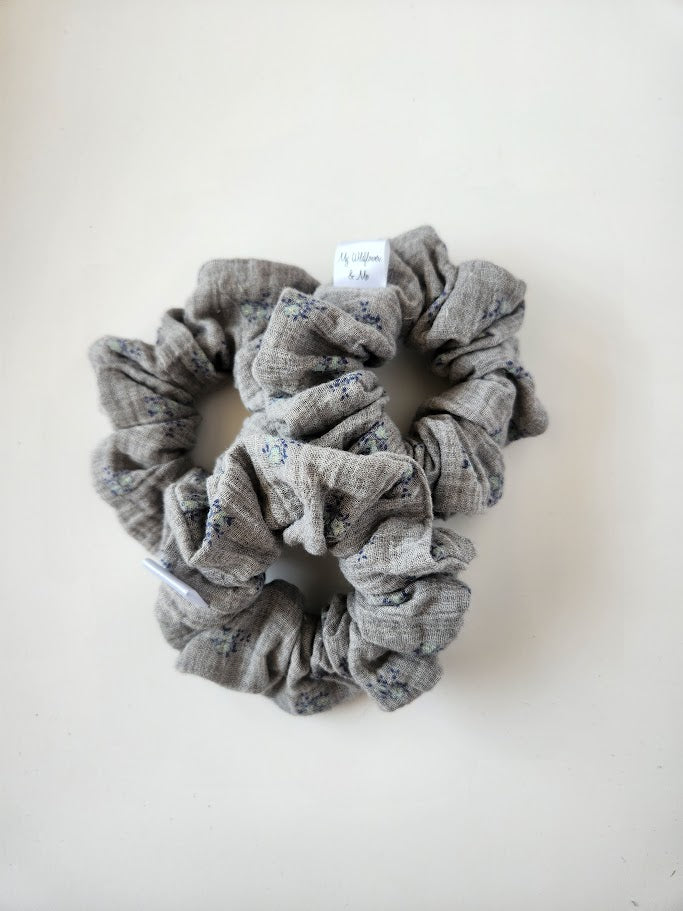 Grey Double Gauze Floral Scrunchie
