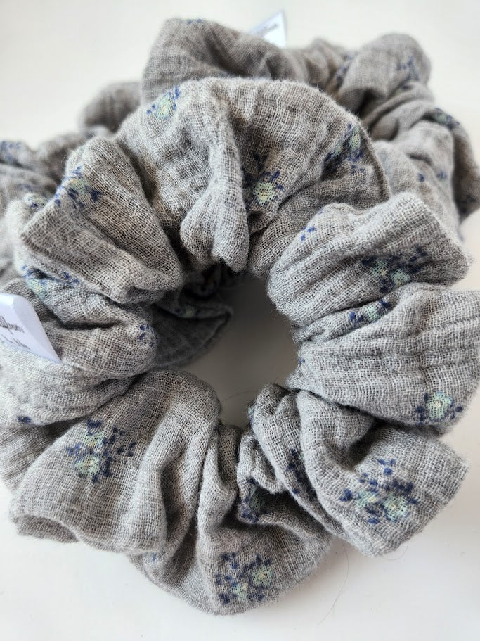 Grey Double Gauze Floral Scrunchie