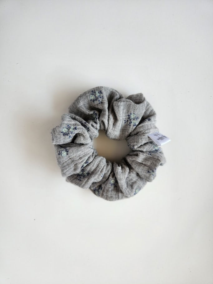 Grey Double Gauze Floral Scrunchie