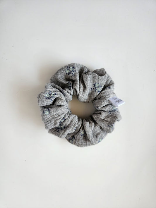 Grey Double Gauze Floral Scrunchie