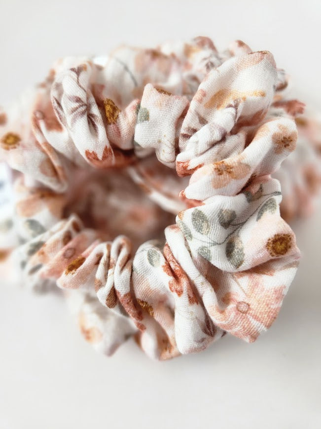 Peachy Pink Floral Double Gauze Scrunchie