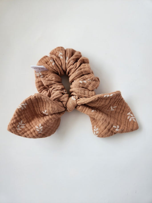 Cinnamon White Leaves Bow Scrunchie