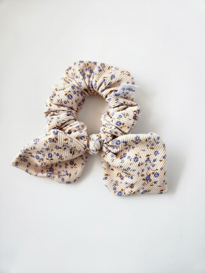 Rib Knit Tiny Blue Floral Bow Scrunchie