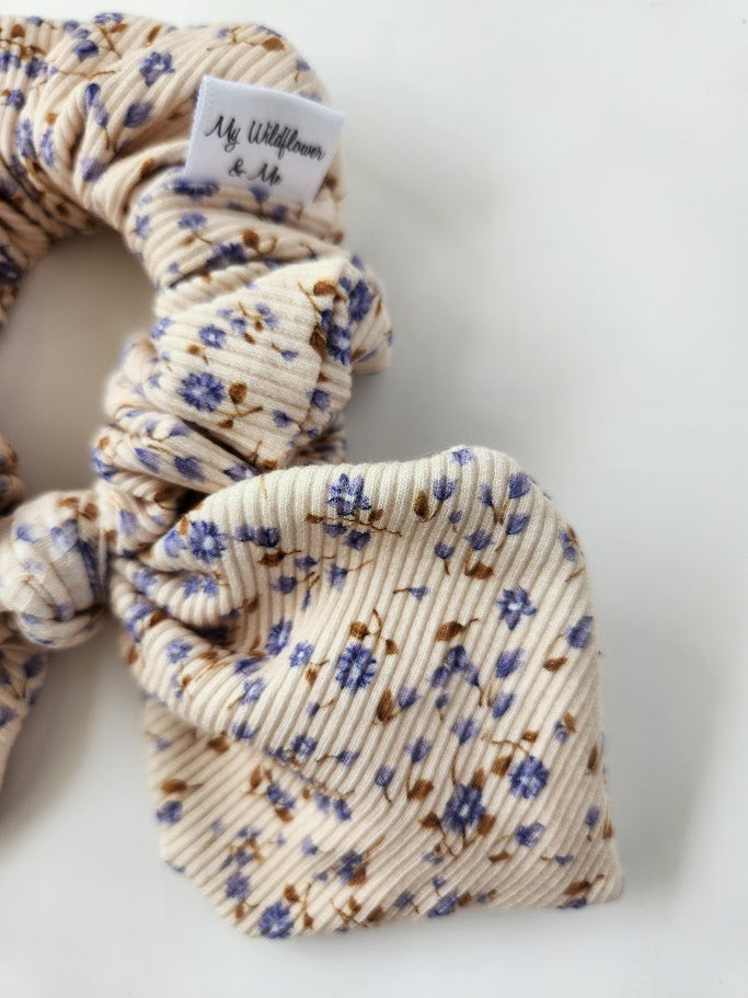 Rib Knit Tiny Blue Floral Bow Scrunchie