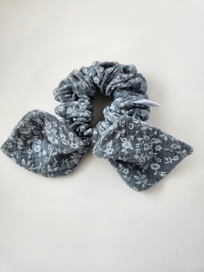 Blue Floral Double Gauze Bow Scrunchie