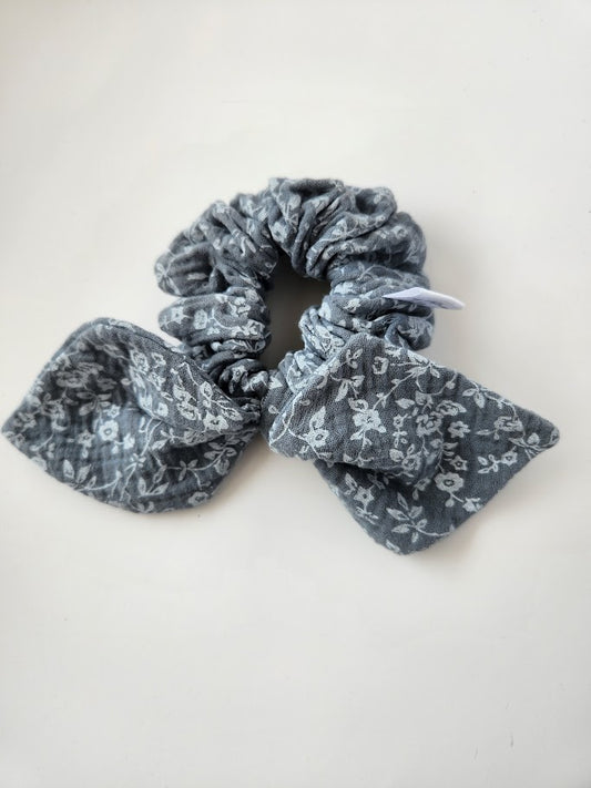 Blue Floral Double Gauze Bow Scrunchie
