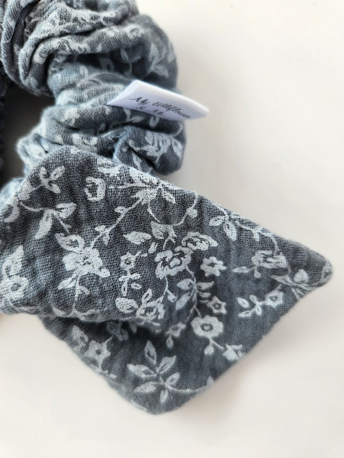 Blue Floral Double Gauze Bow Scrunchie