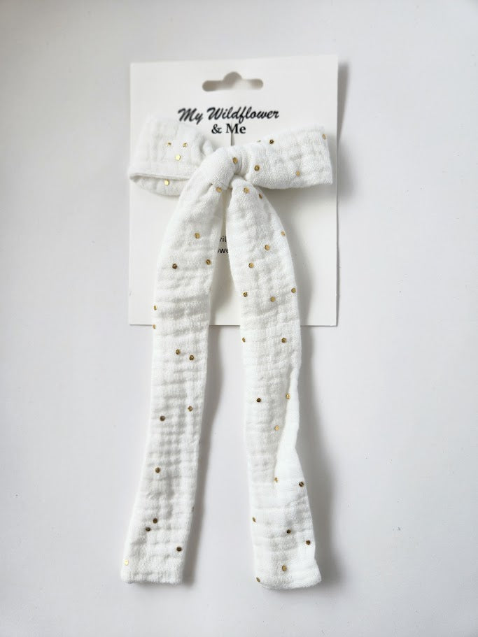 White Gold Dot Double Gauze Long-Tailed Bow