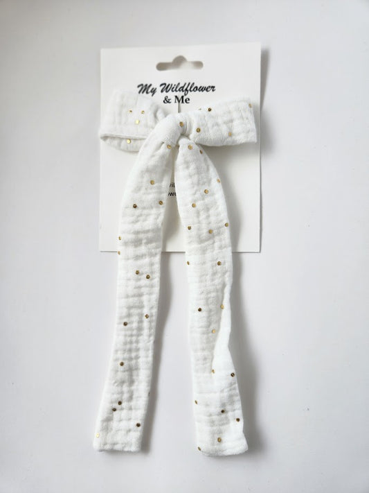 White Gold Dot Double Gauze Long-Tailed Bow