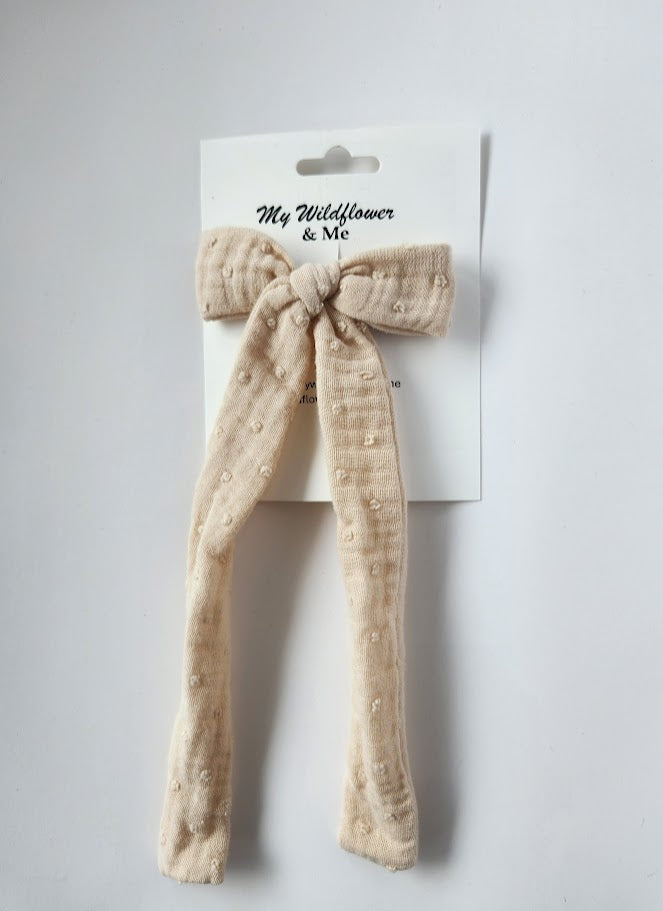 Beige Swiss Dot Double Gauze Long-Tailed Bow