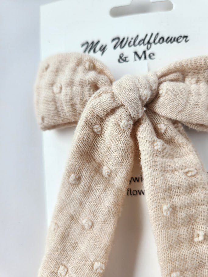 Beige Swiss Dot Double Gauze Long-Tailed Bow