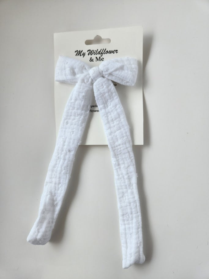 White Swiss Dot Double Gauze Long-Tailed Bow