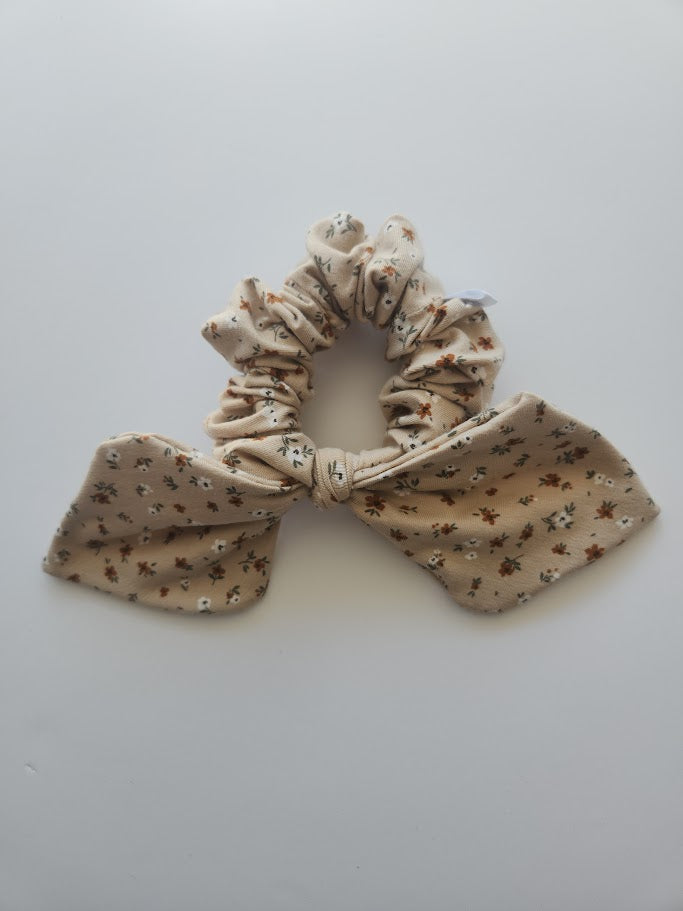 Beige Floral Bow Scrunchie