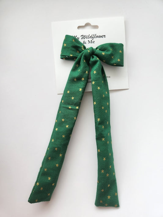 Green with Gold Stars Long-Tailed Bow