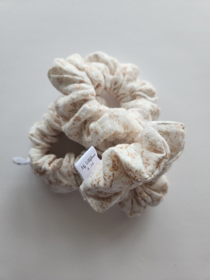 Peach and Beige Floral Double Gauze Scrunchie