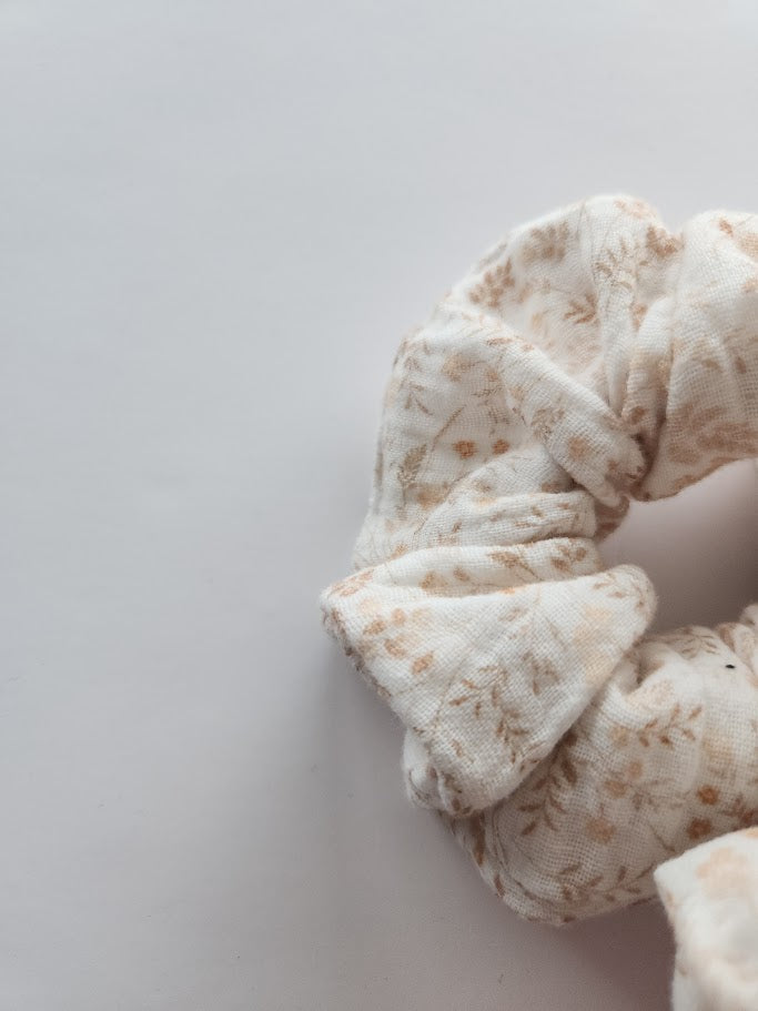 Peach and Beige Floral Double Gauze Scrunchie