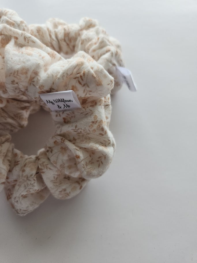 Peach and Beige Floral Double Gauze Scrunchie